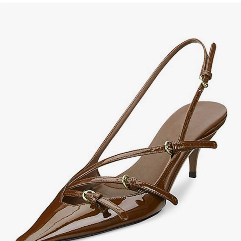 Divanne brown patent, sling back kitten heels
